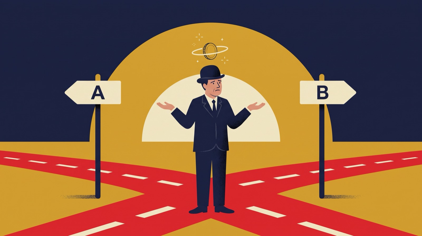 A gentleman at a crossroads shrugs as a coin floats above his bowler hat